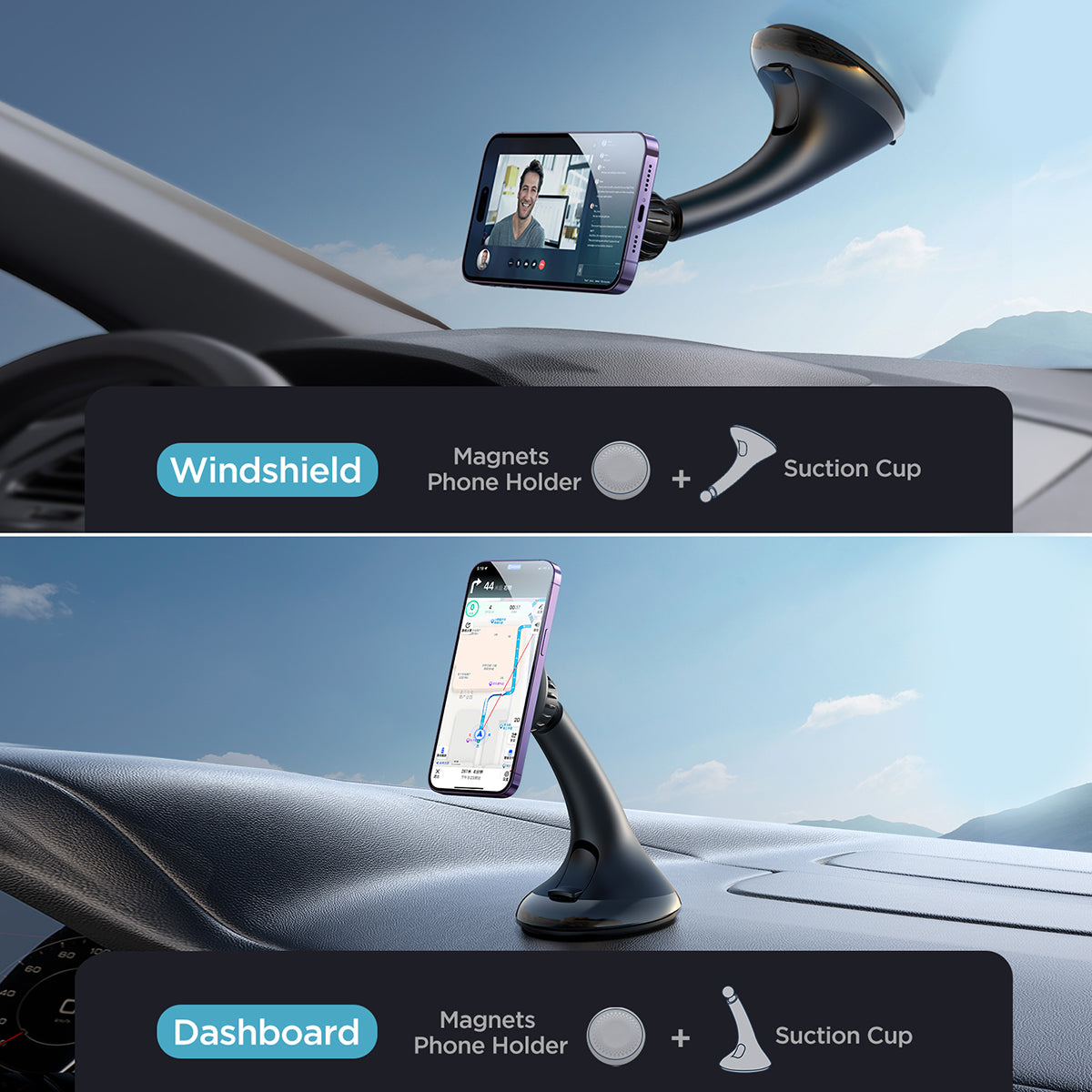 JOYROOM JR-ZS356 Magnetic Car Phone Holder mounted on windshield and dashboard, demonstrating dual installation options with suction cup.